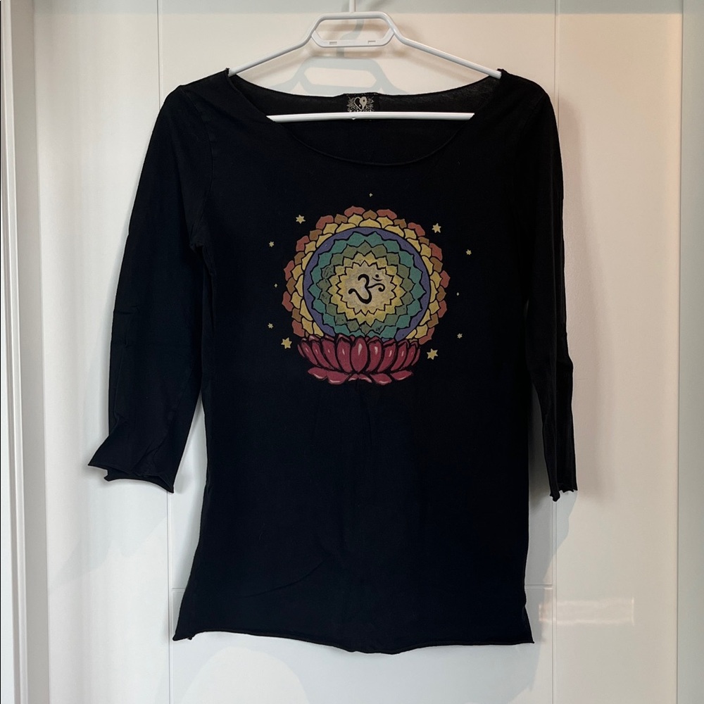 Lucky Brand Black 3/4 Sleeve Top with Colorful Mandala